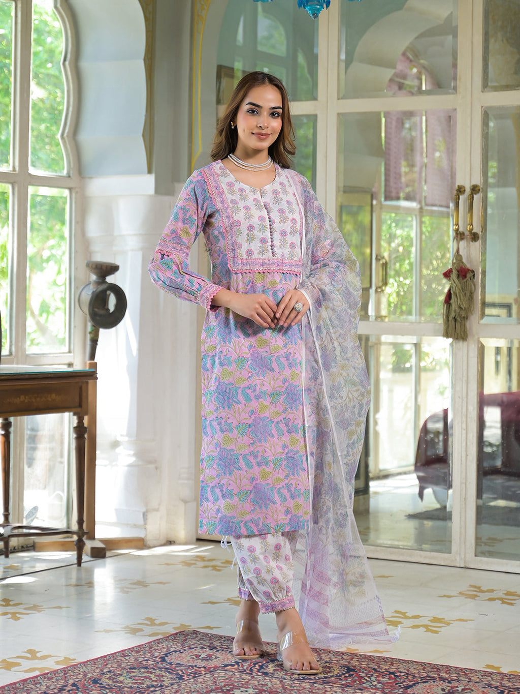 Noe Velarro Pink Cotton Block Print Straight Kurta Pant With Dupatta