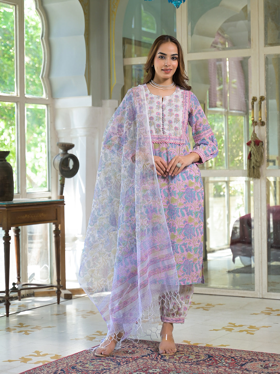 Noe Velarro Pink Cotton Block Print Straight Kurta Pant With Dupatta