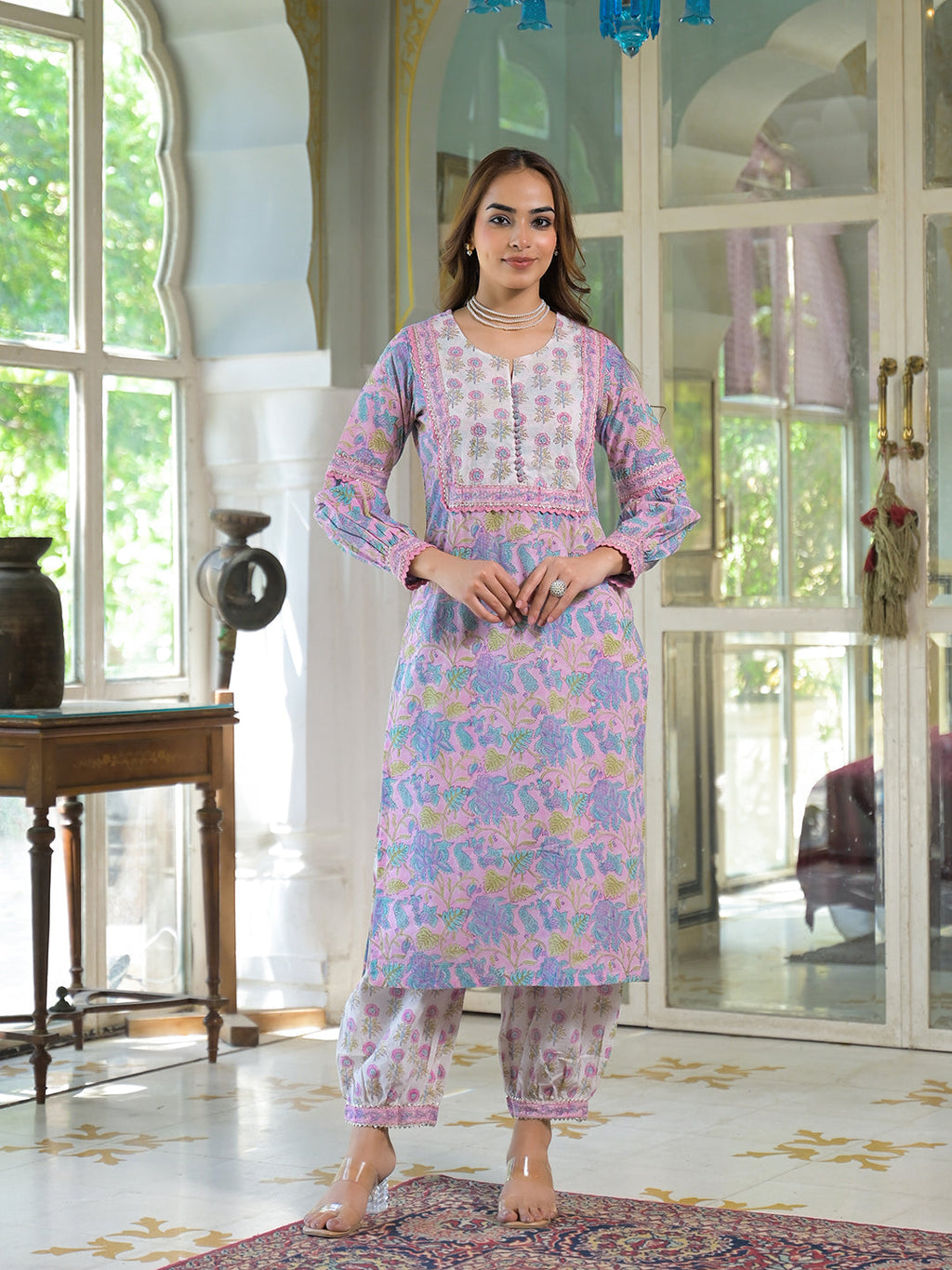 Noe Velarro Pink Cotton Block Print Straight Kurta Pant With Dupatta