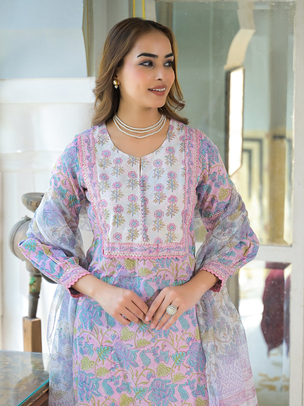 Noe Velarro Pink Cotton Block Print Straight Kurta Pant With Dupatta