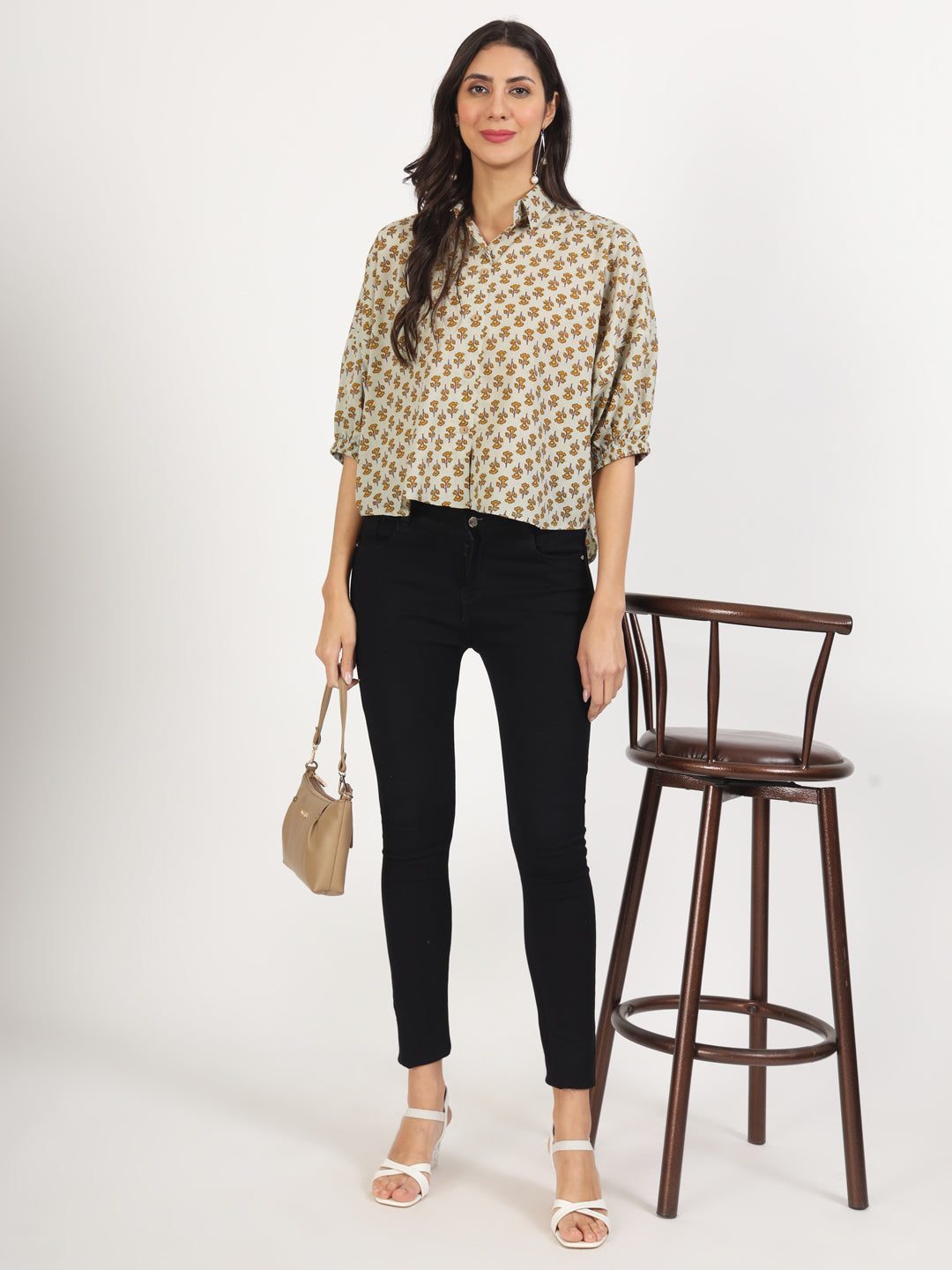 Noe Velarro Green Floral Printed Cotton Tops