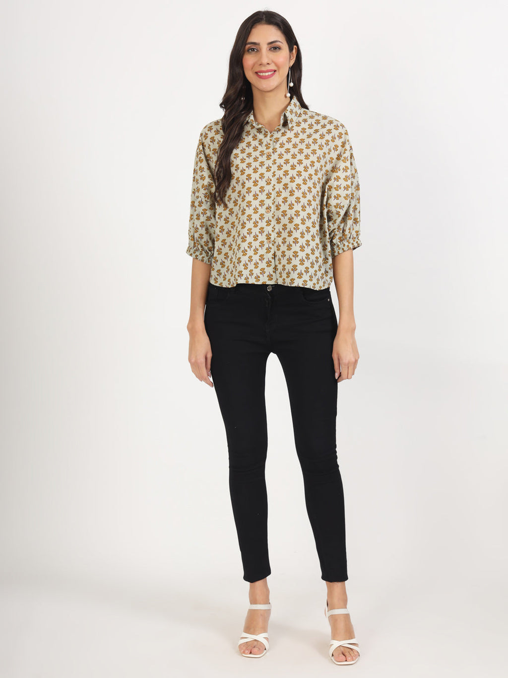 Noe Velarro Green Floral Printed Cotton Tops