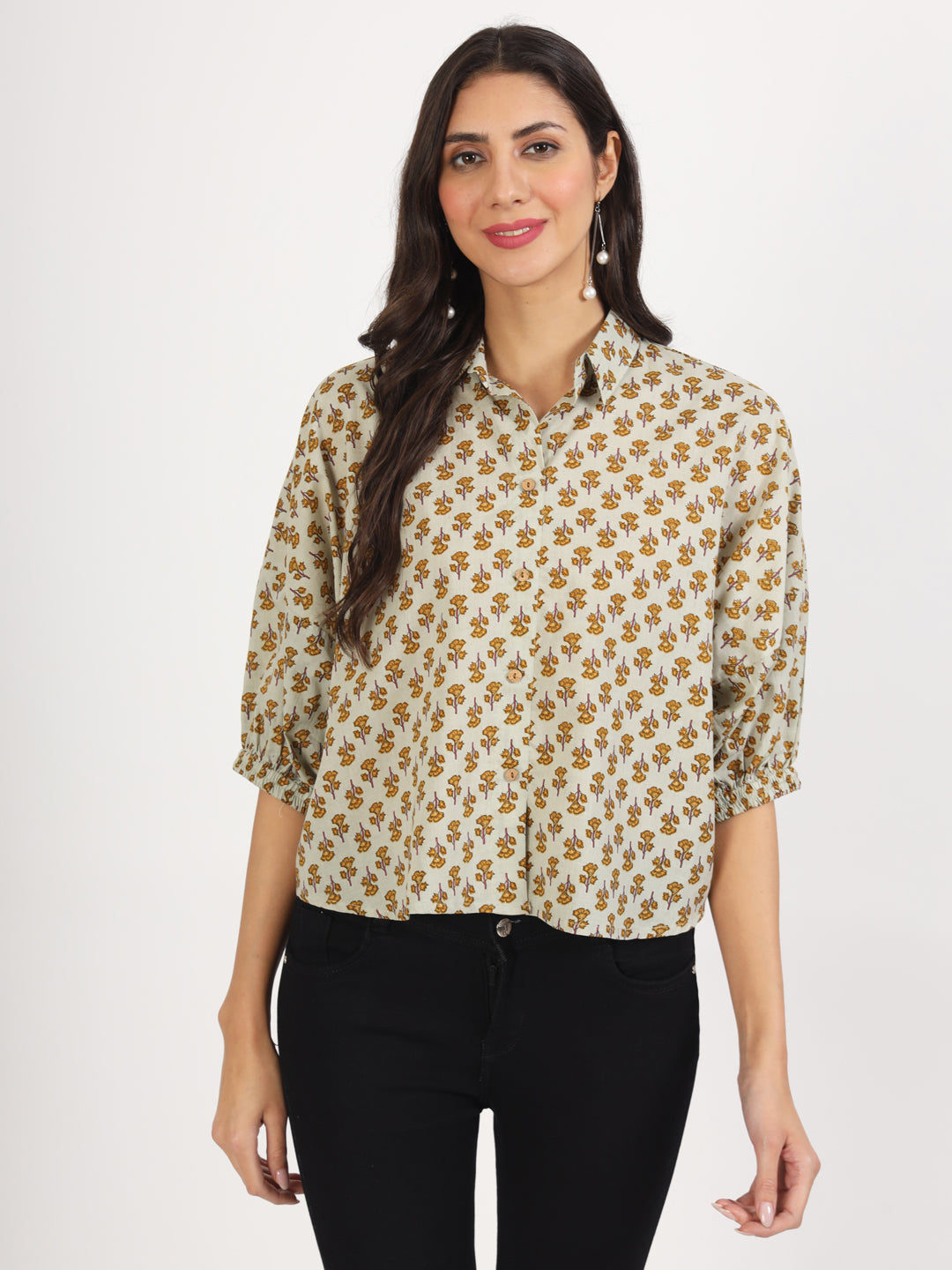 Noe Velarro Green Floral Printed Cotton Tops