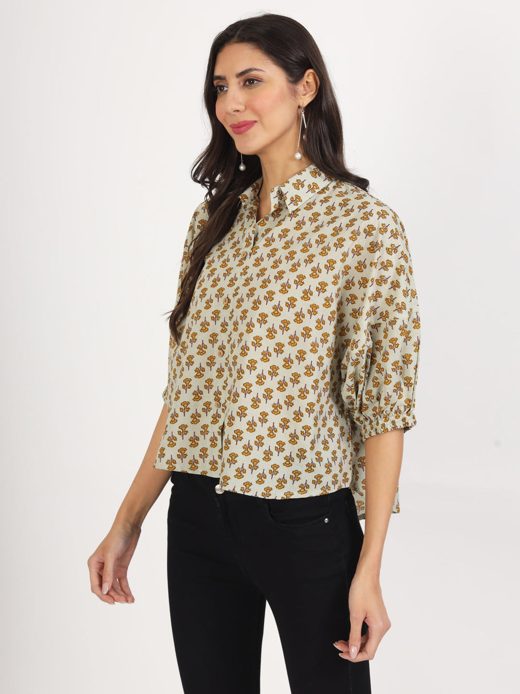 Noe Velarro Green Floral Printed Cotton Tops