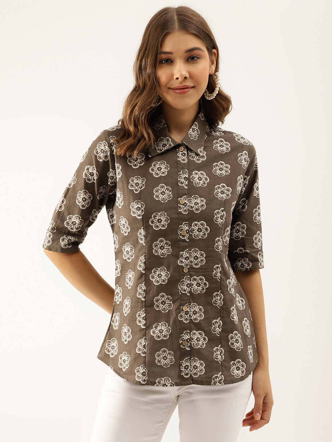 Noe Velarro Brown Block Printed Casual Women Shirts