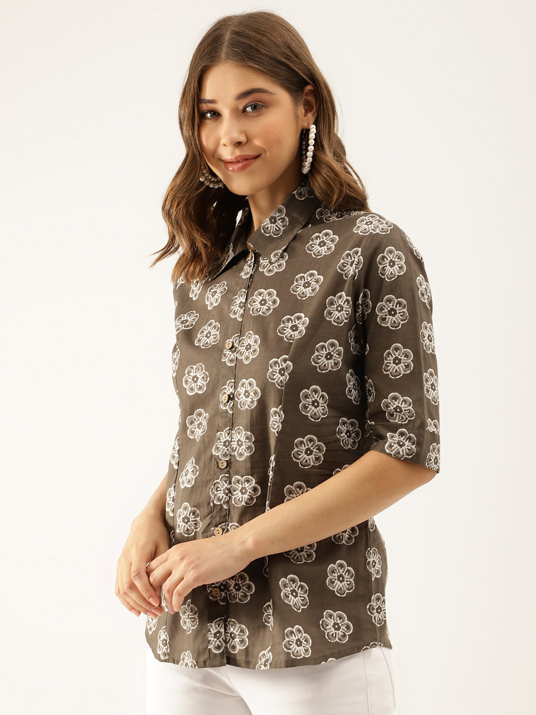 Noe Velarro Brown Block Printed Casual Women Shirts
