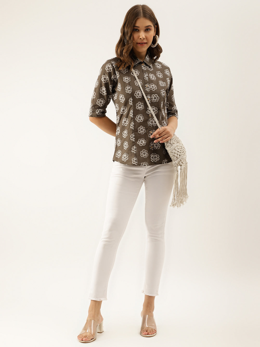 Noe Velarro Brown Block Printed Casual Women Shirts