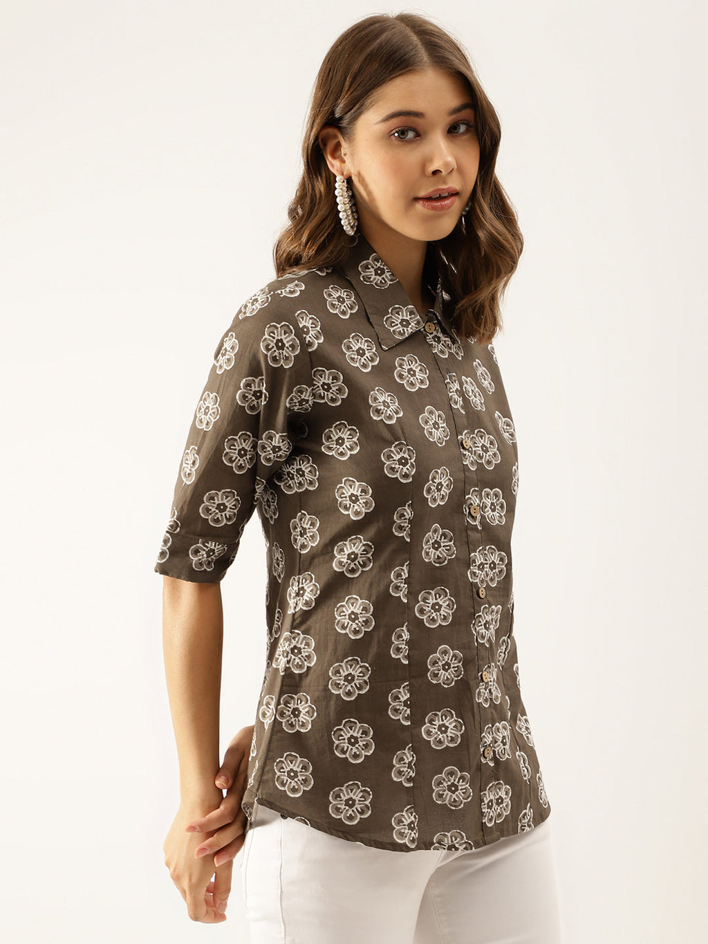 Noe Velarro Brown Block Printed Casual Women Shirts