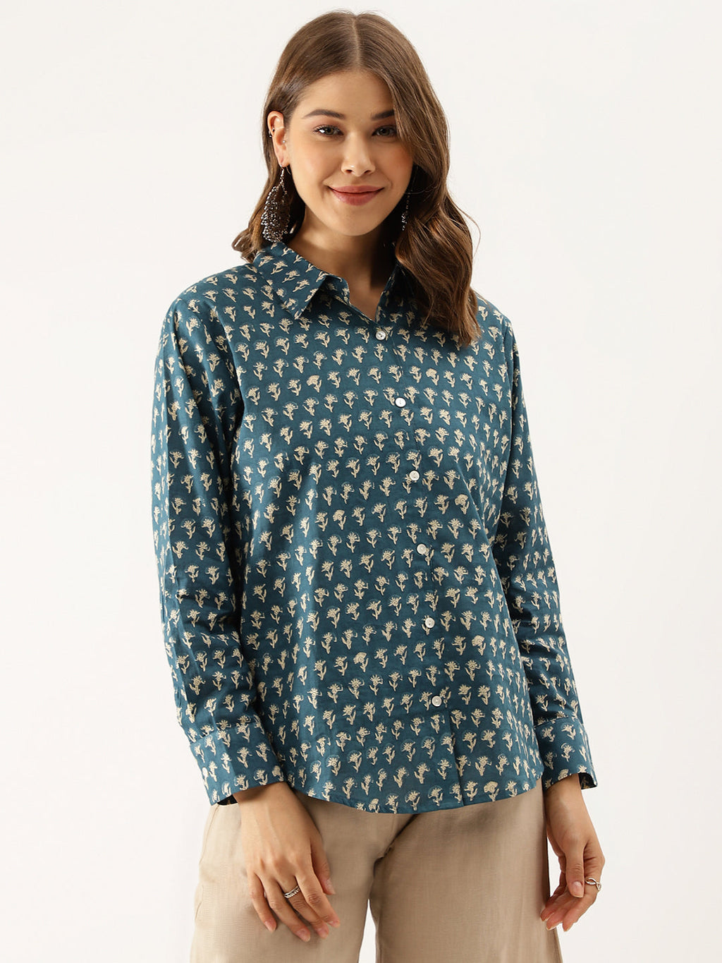 Noe Velarro Turquoise Blue Ethnic Motif Printed Casual Women Shirts