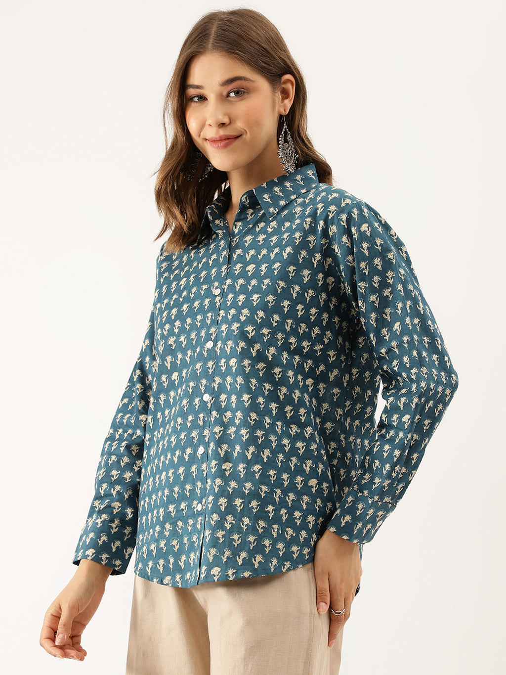 Noe Velarro Turquoise Blue Ethnic Motif Printed Casual Women Shirts