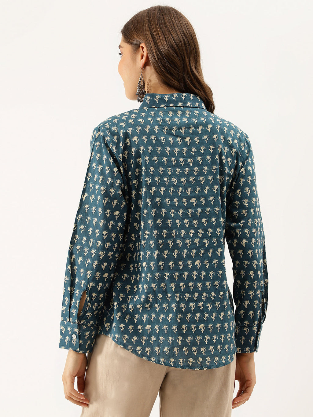 Noe Velarro Turquoise Blue Ethnic Motif Printed Casual Women Shirts