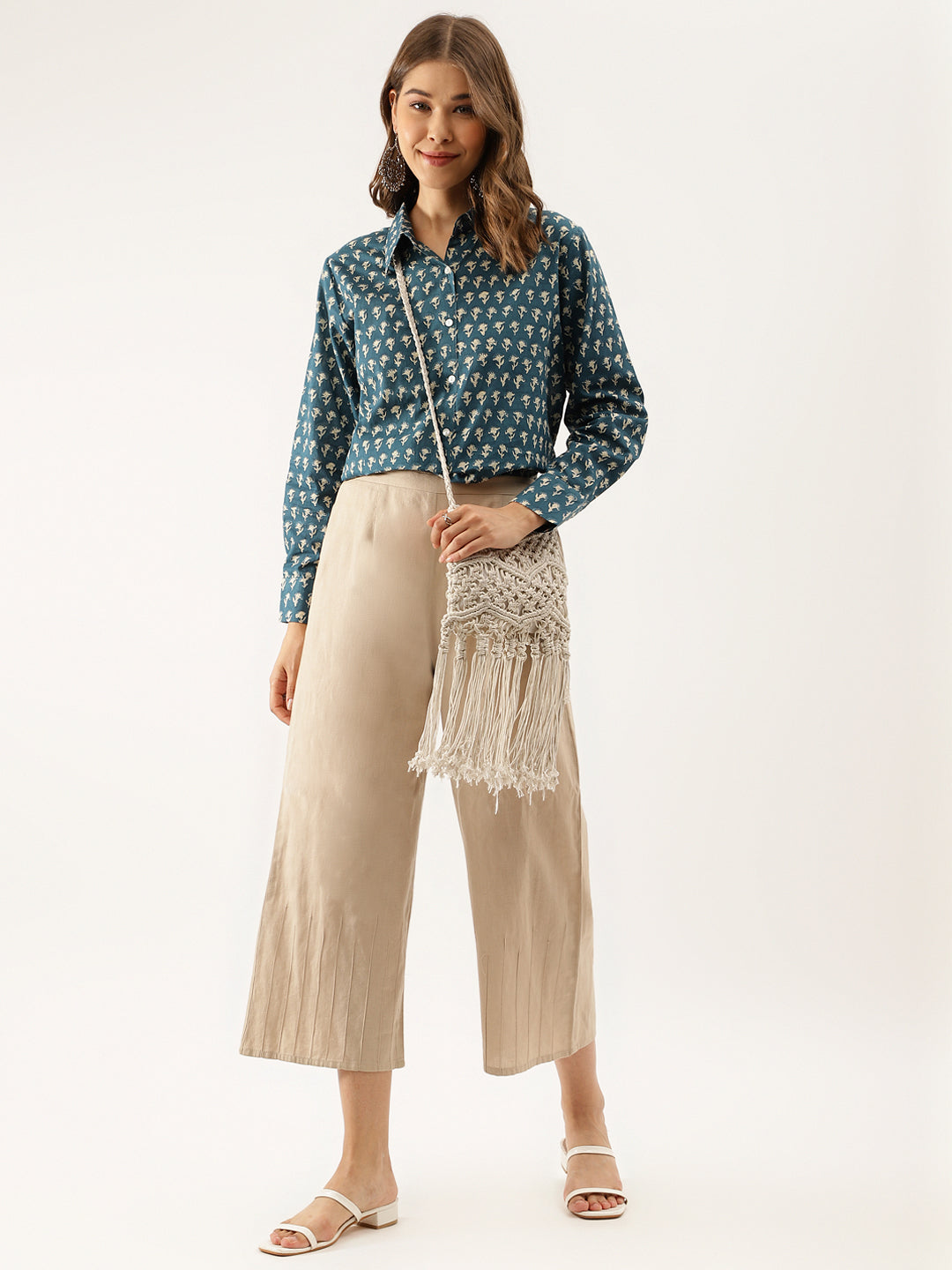 Noe Velarro Turquoise Blue Ethnic Motif Printed Casual Women Shirts