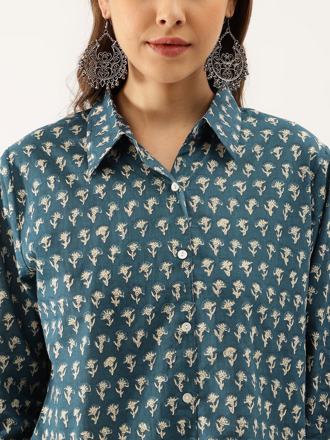 Noe Velarro Turquoise Blue Ethnic Motif Printed Casual Women Shirts