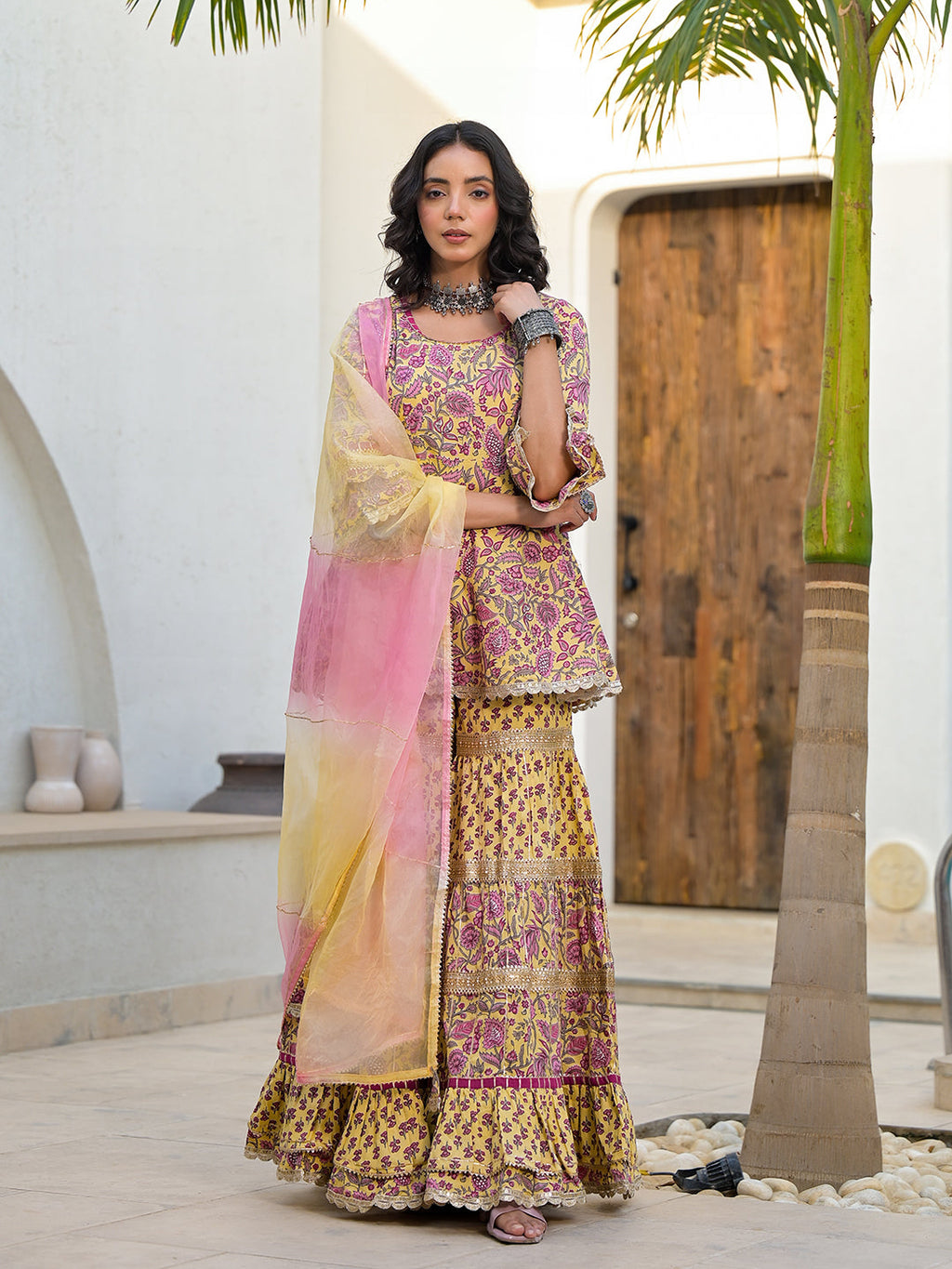 Noe Velarro Yellow Floral Print Cotton Kurta Sharara Set for women