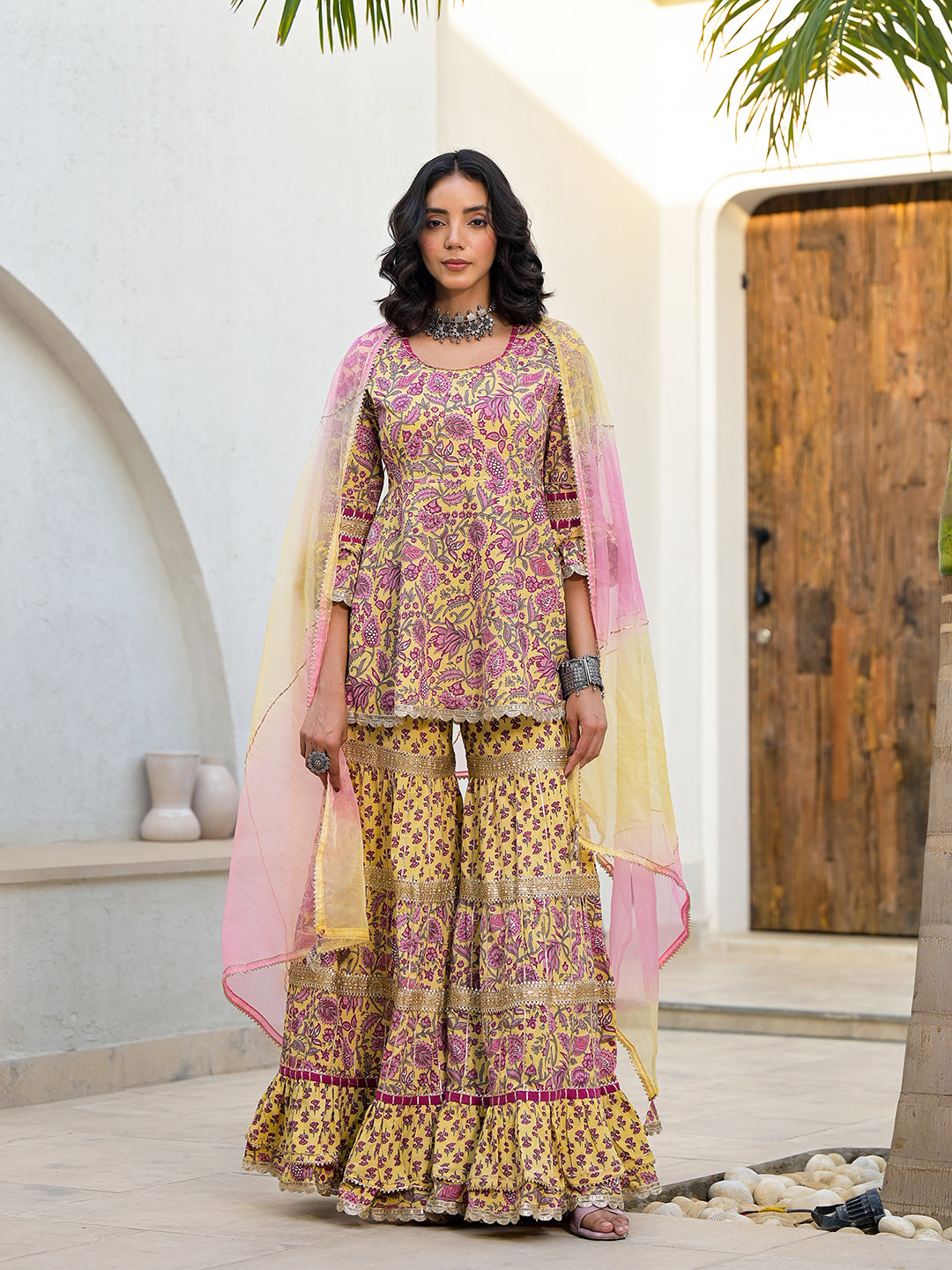 Noe Velarro Yellow Floral Print Cotton Kurta Sharara Set for women