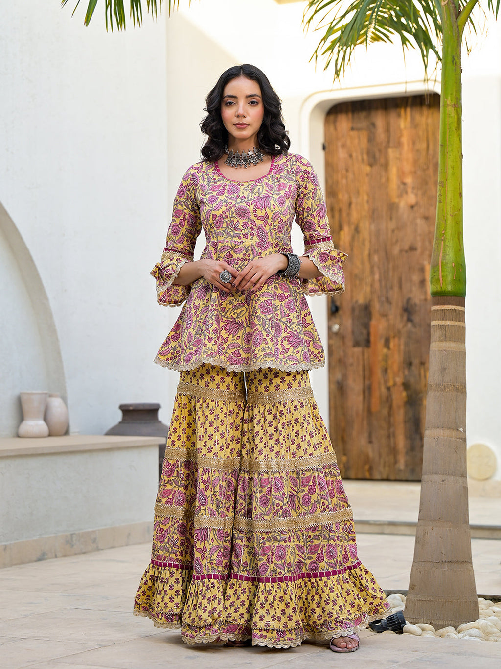 Noe Velarro Yellow Floral Print Cotton Kurta Sharara Set for women