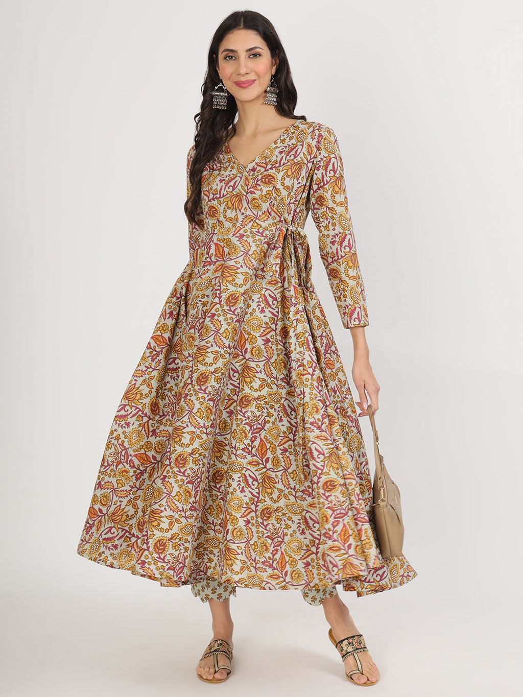 Noe Velarro Green Floral Print Cotton Angrakha Kurta Pants set
