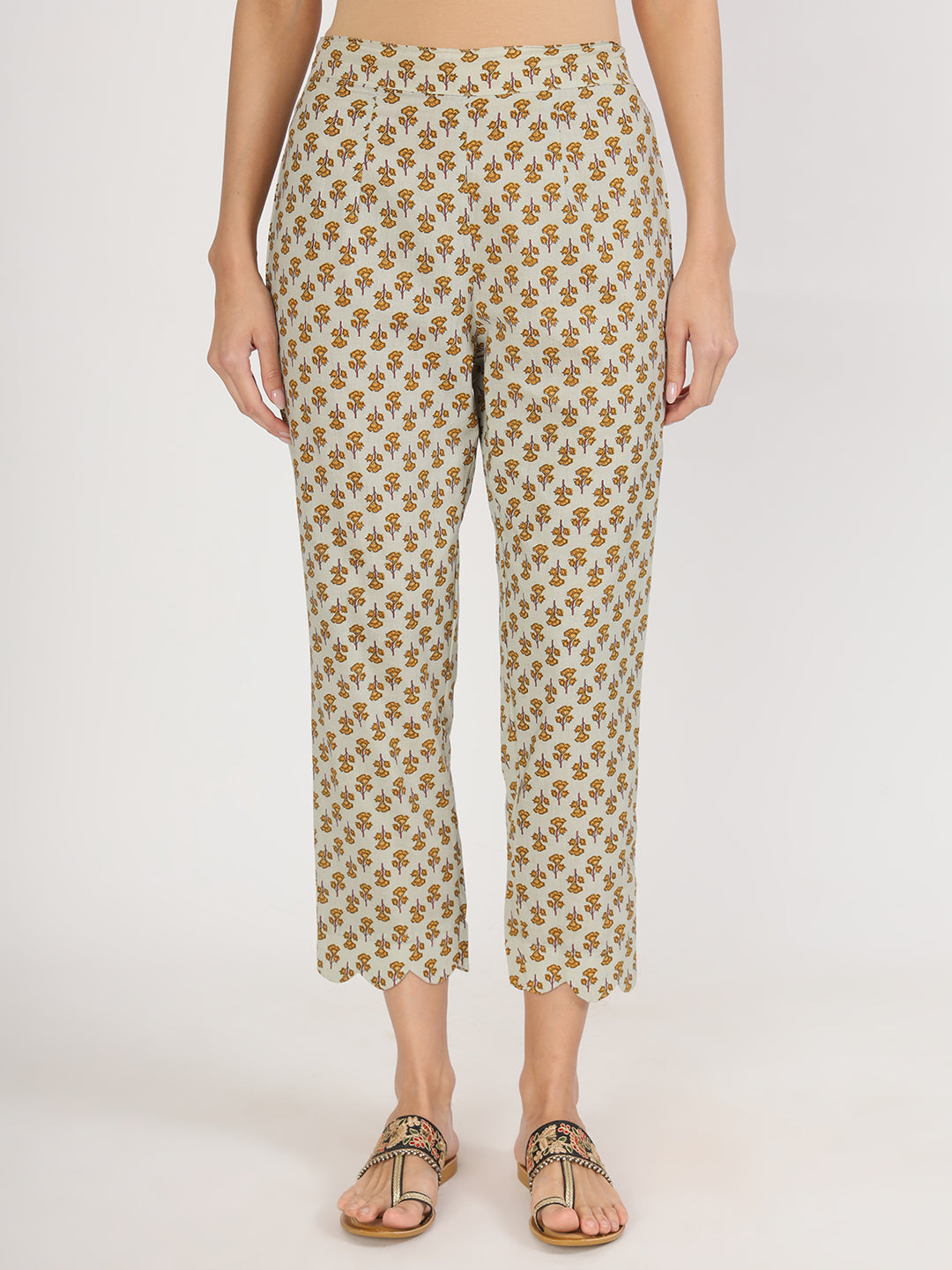 Noe Velarro Green Floral Print Cotton Angrakha Kurta Pants set