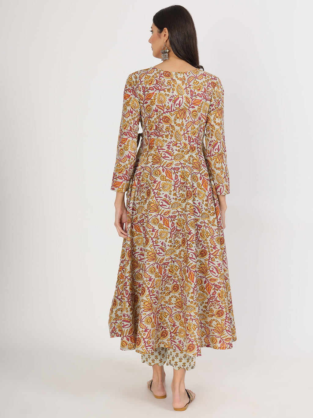 Noe Velarro Green Floral Print Cotton Angrakha Kurta Pants set