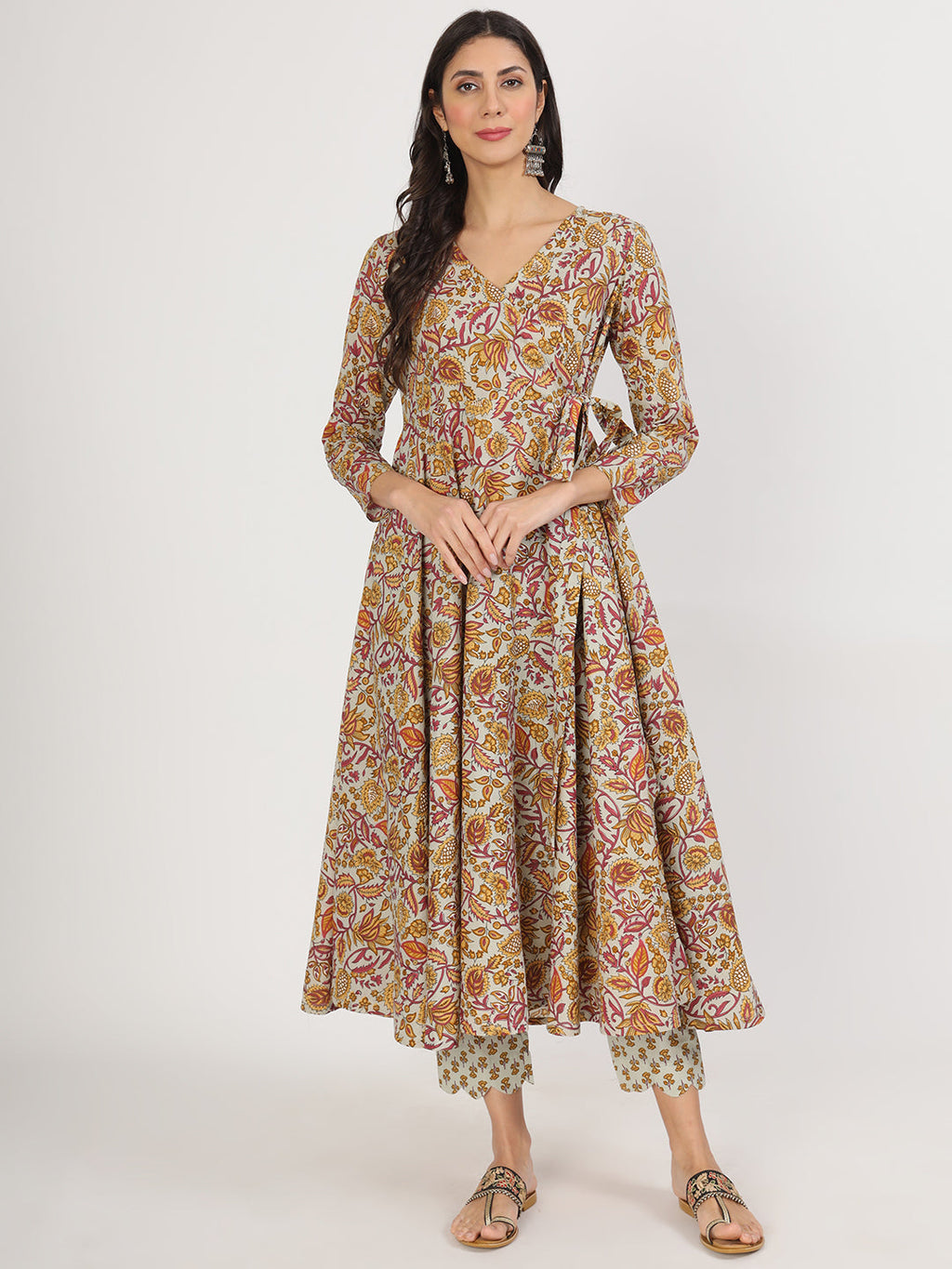 Noe Velarro Green Floral Print Cotton Angrakha Kurta Pants set