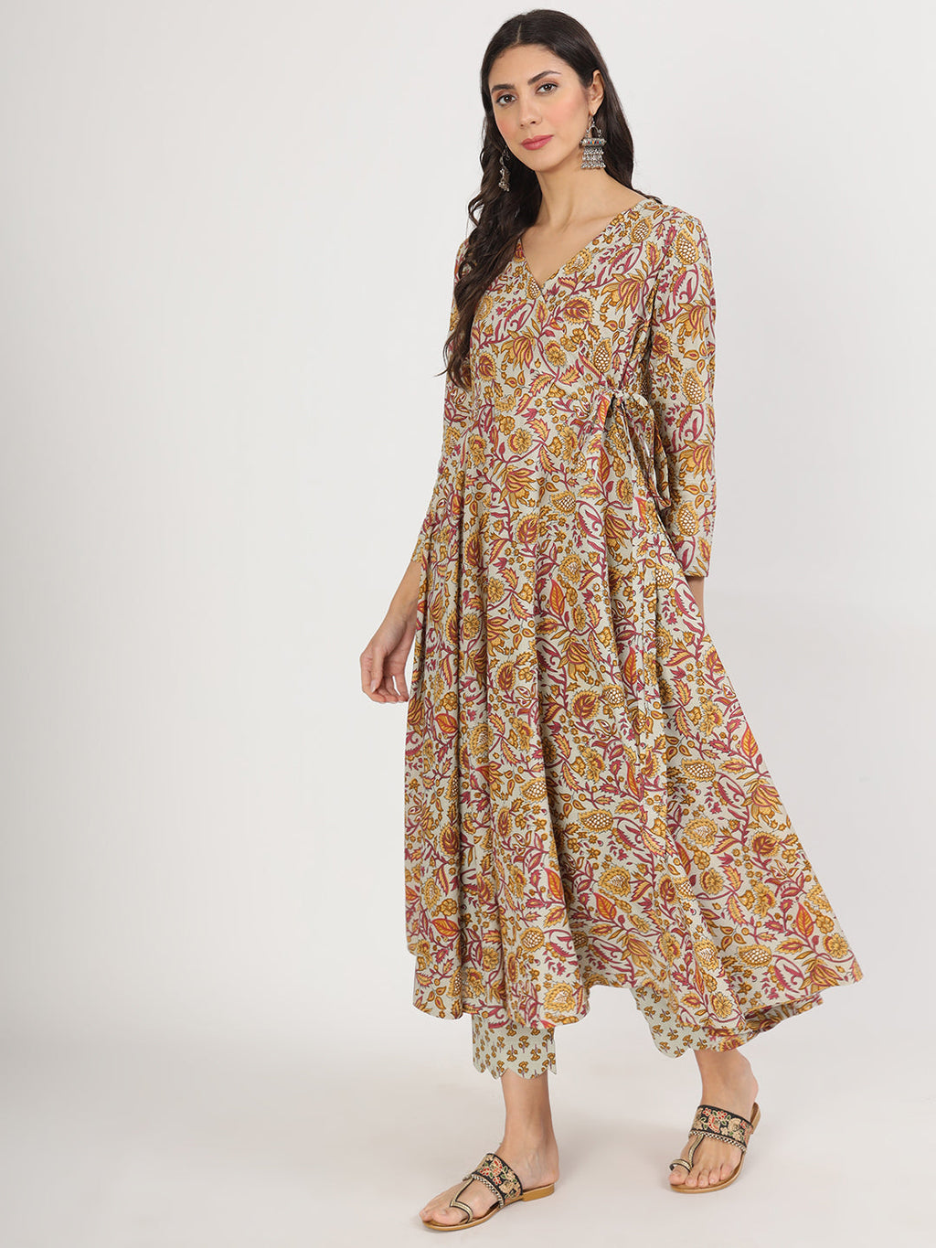 Noe Velarro Green Floral Print Cotton Angrakha Kurta Pants set