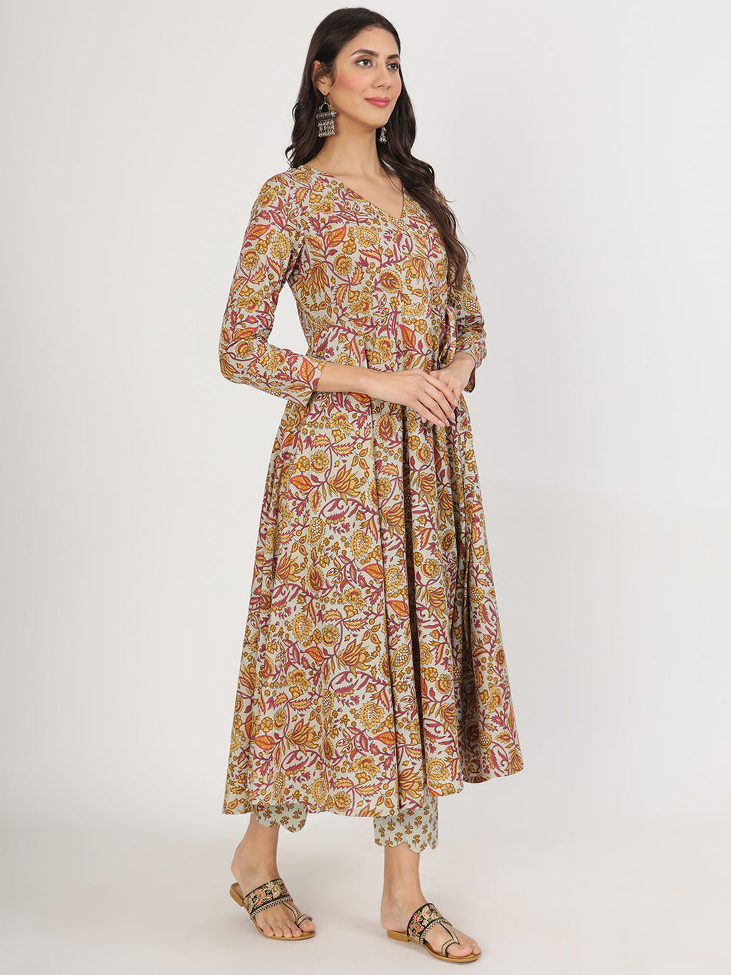 Noe Velarro Green Floral Print Cotton Angrakha Kurta Pants set