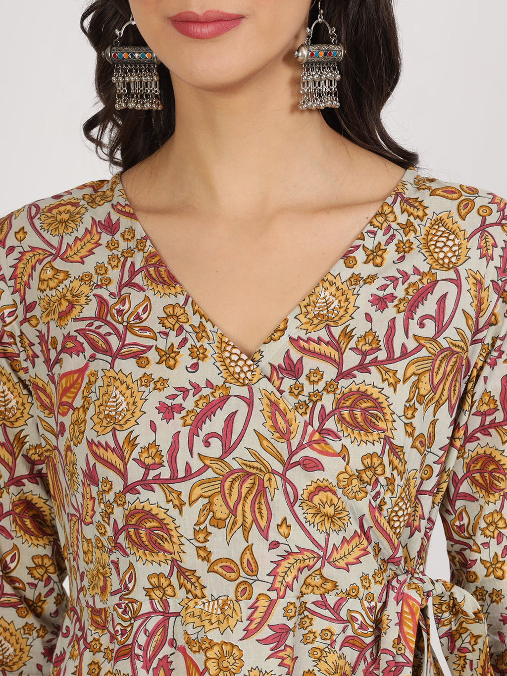 Noe Velarro Green Floral Print Cotton Angrakha Kurta Pants set