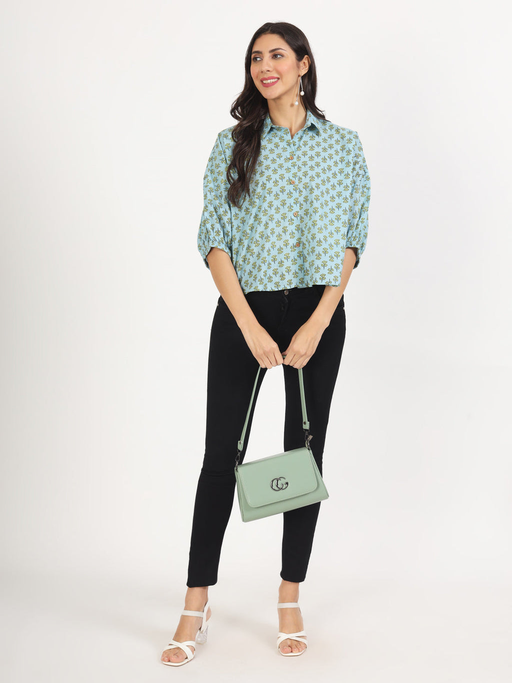 Noe Velarro Sky Blue Floral Printed Cotton Tops