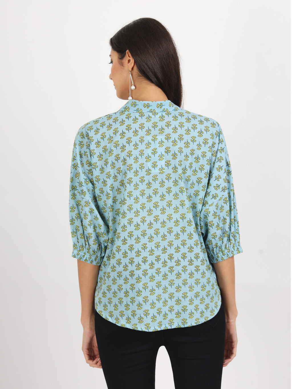 Noe Velarro Sky Blue Floral Printed Cotton Tops