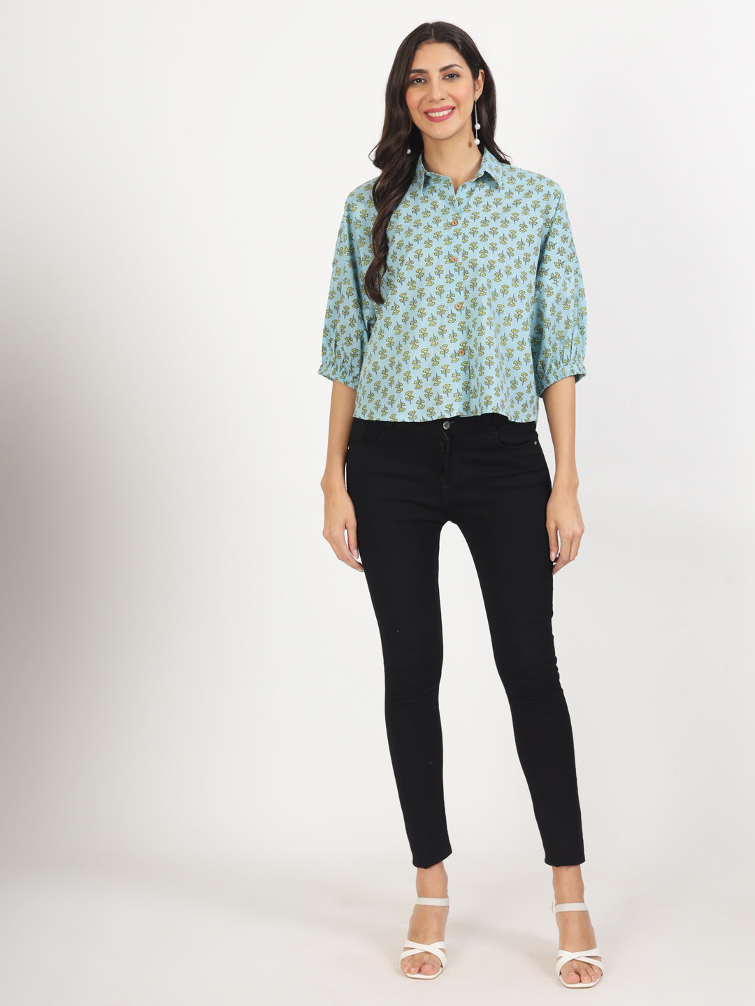Noe Velarro Sky Blue Floral Printed Cotton Tops