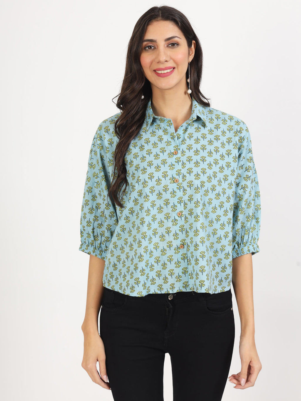 Noe Velarro Sky Blue Floral Printed Cotton Tops