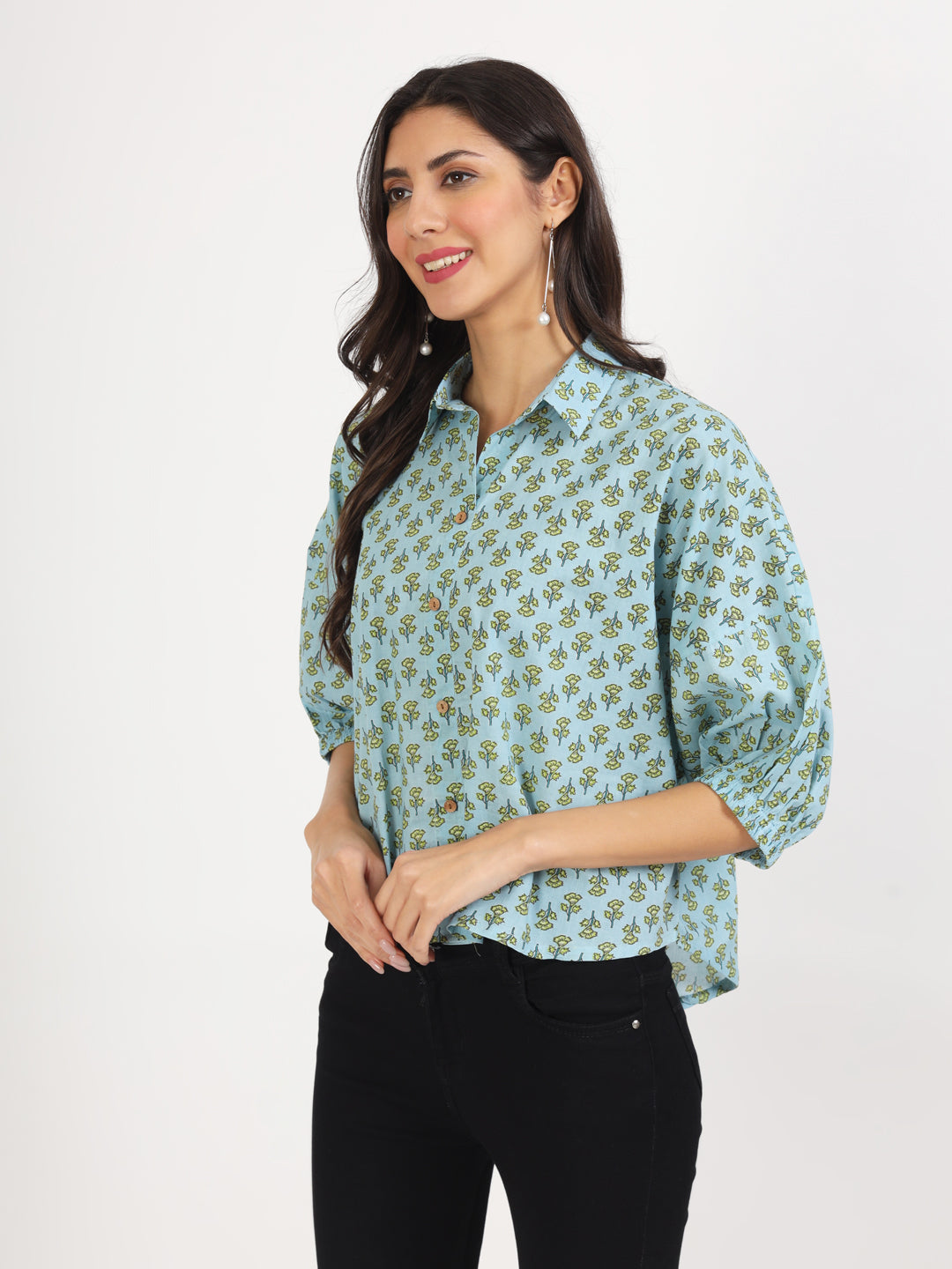 Noe Velarro Sky Blue Floral Printed Cotton Tops