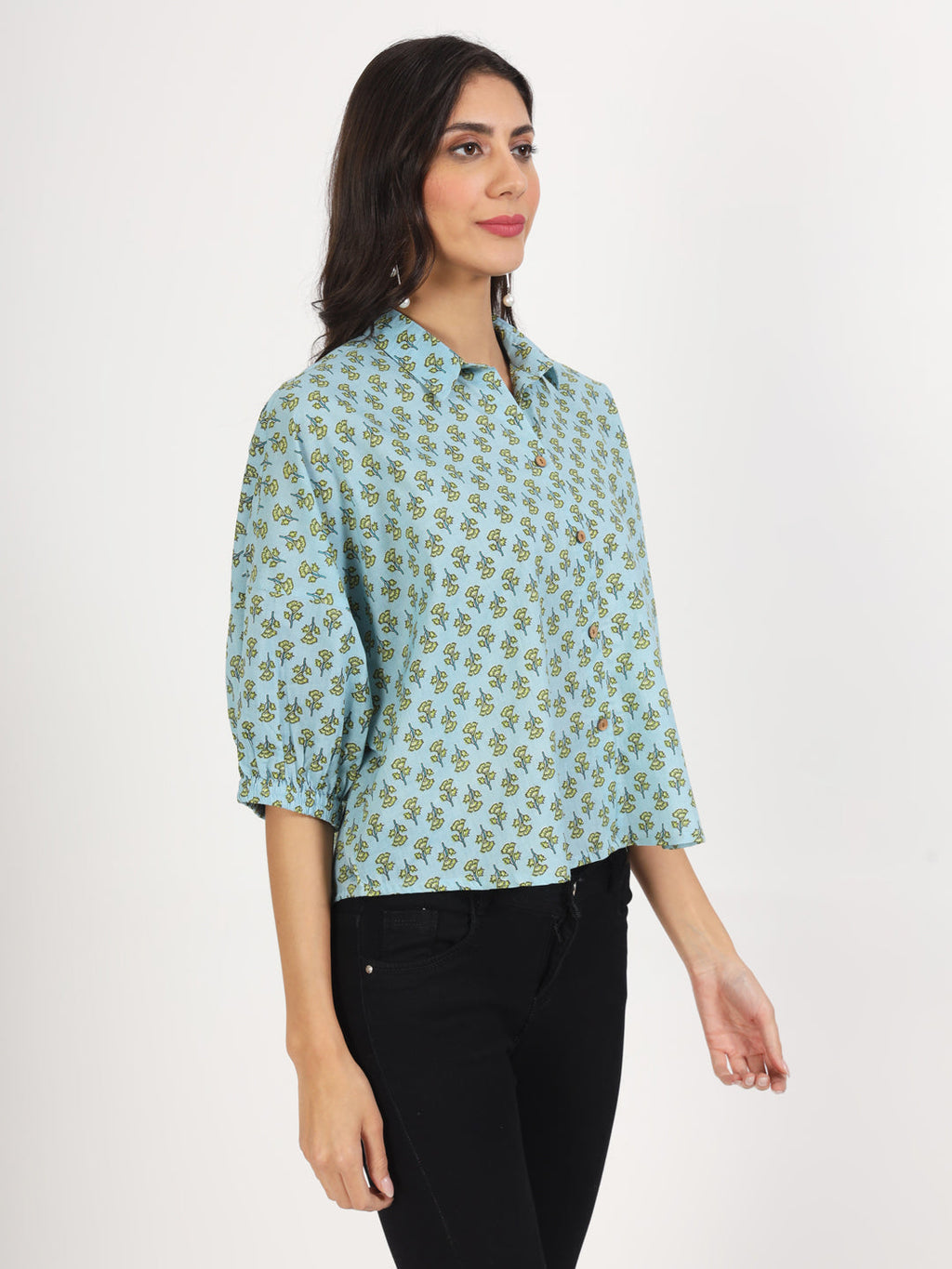 Noe Velarro Sky Blue Floral Printed Cotton Tops