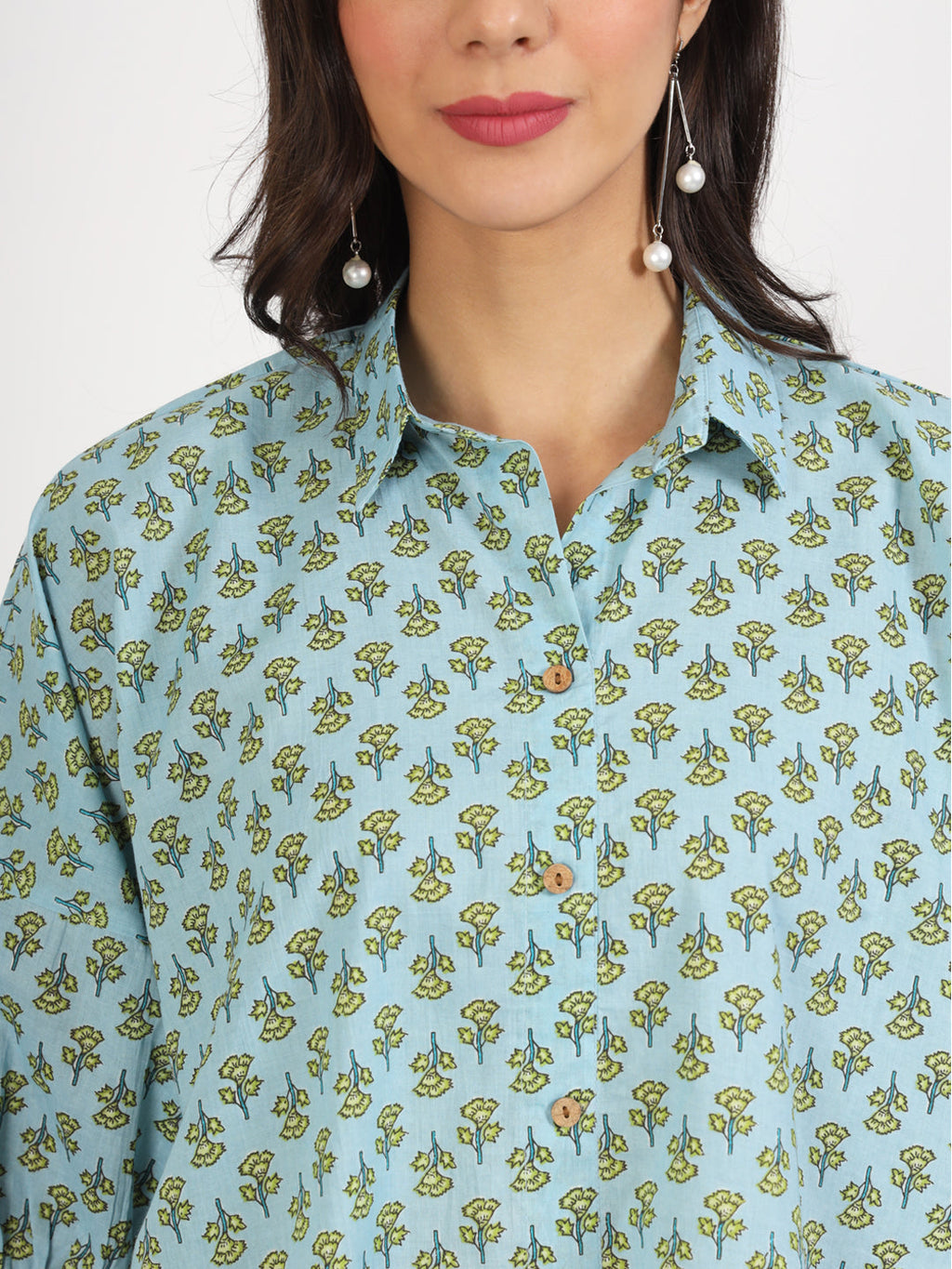 Noe Velarro Sky Blue Floral Printed Cotton Tops