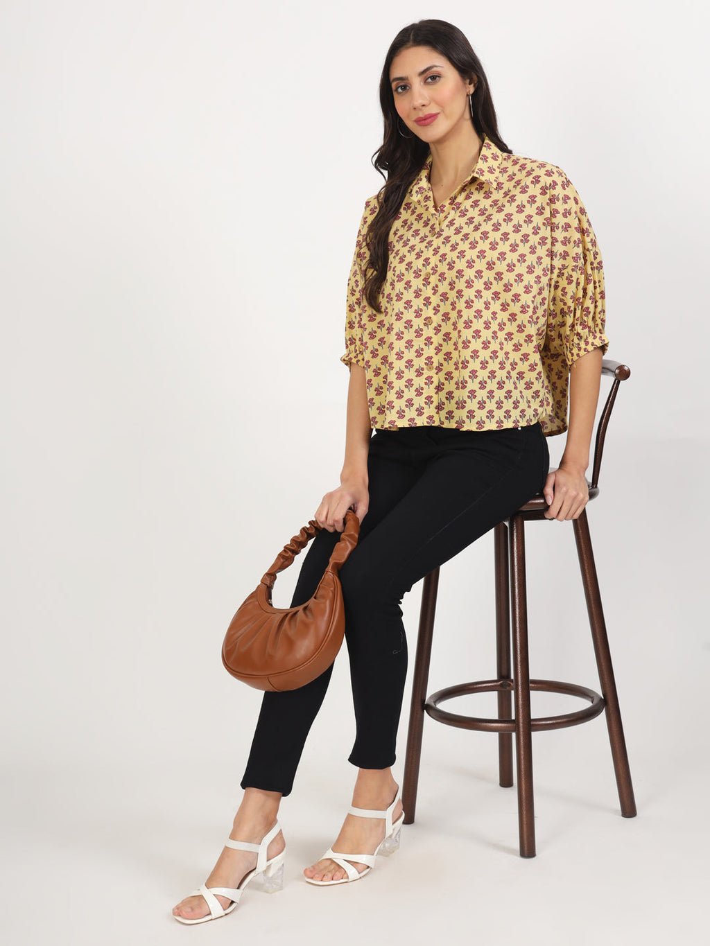 Noe Velarro Beige Floral Printed Cotton Tops