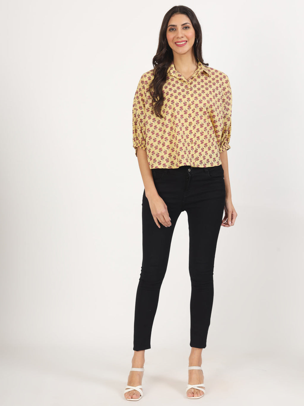 Noe Velarro Beige Floral Printed Cotton Tops