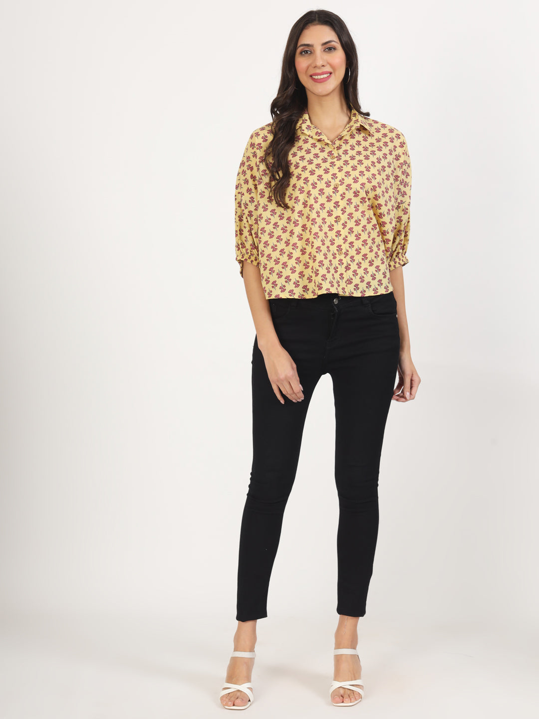 Noe Velarro Beige Floral Printed Cotton Tops