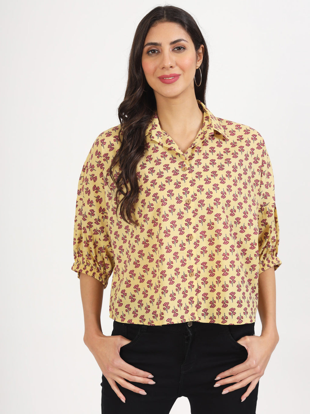 Noe Velarro Beige Floral Printed Cotton Tops