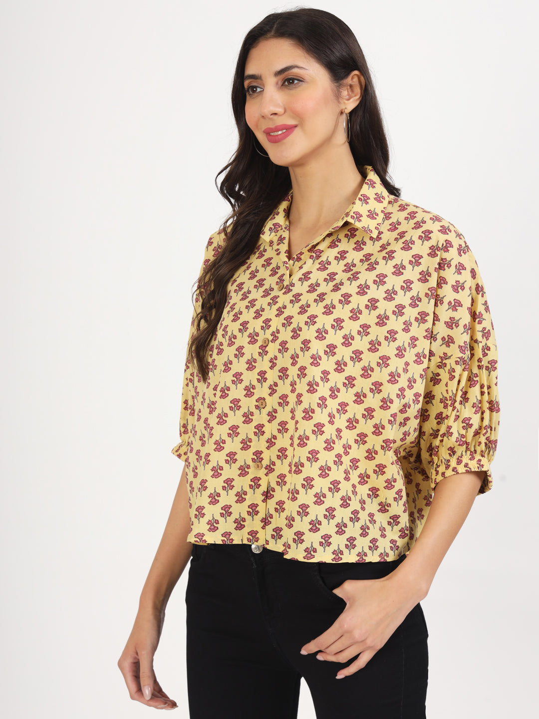 Noe Velarro Beige Floral Printed Cotton Tops