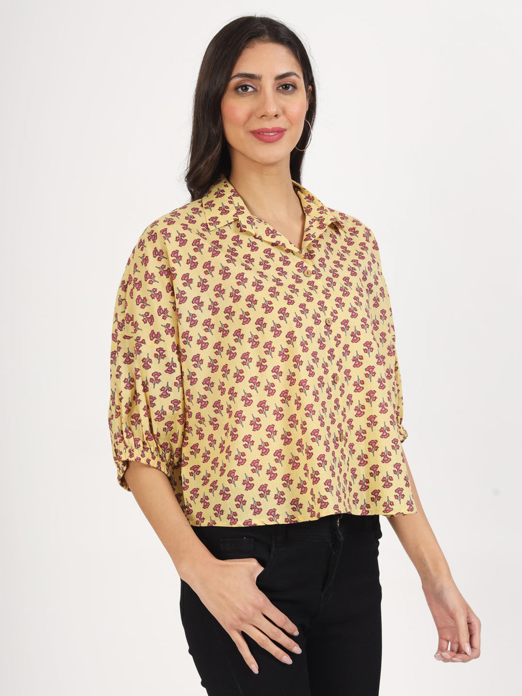 Noe Velarro Beige Floral Printed Cotton Tops