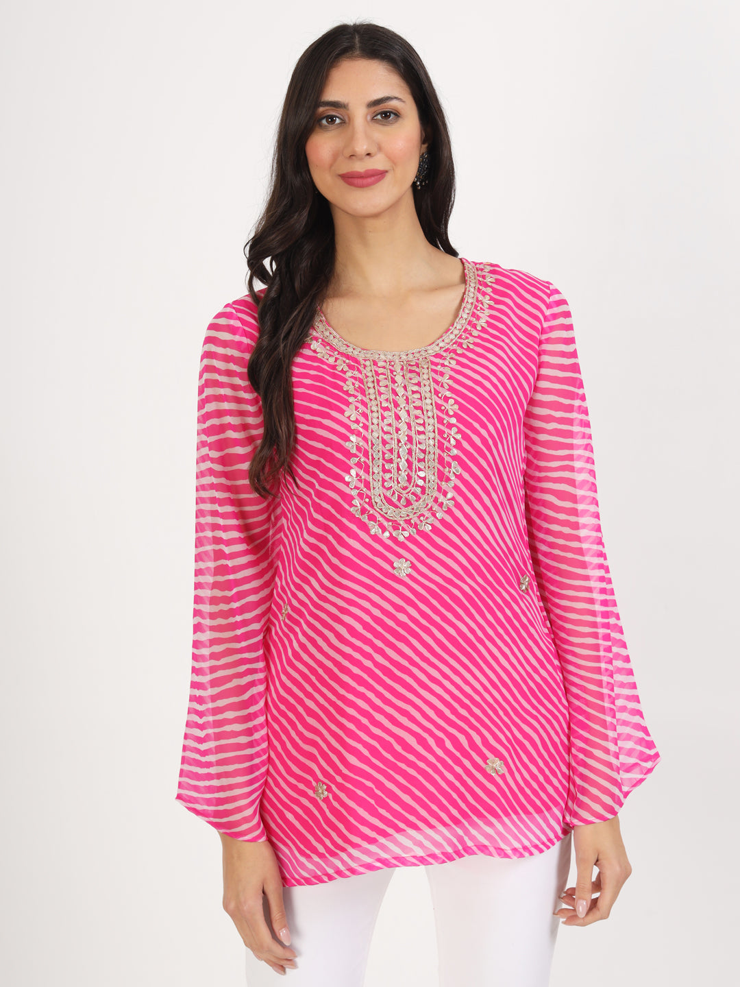 Noe Velarro Pink Leheriya Gotta Patti Work Geogratte Round Neck Top