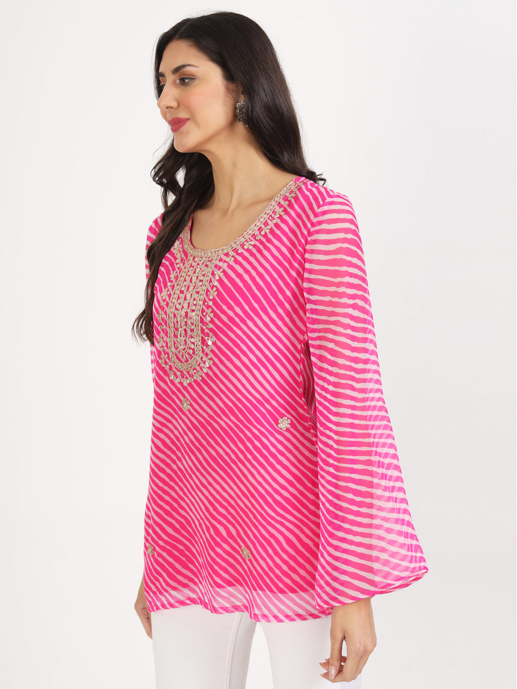 Noe Velarro Pink Leheriya Gotta Patti Work Geogratte Round Neck Top