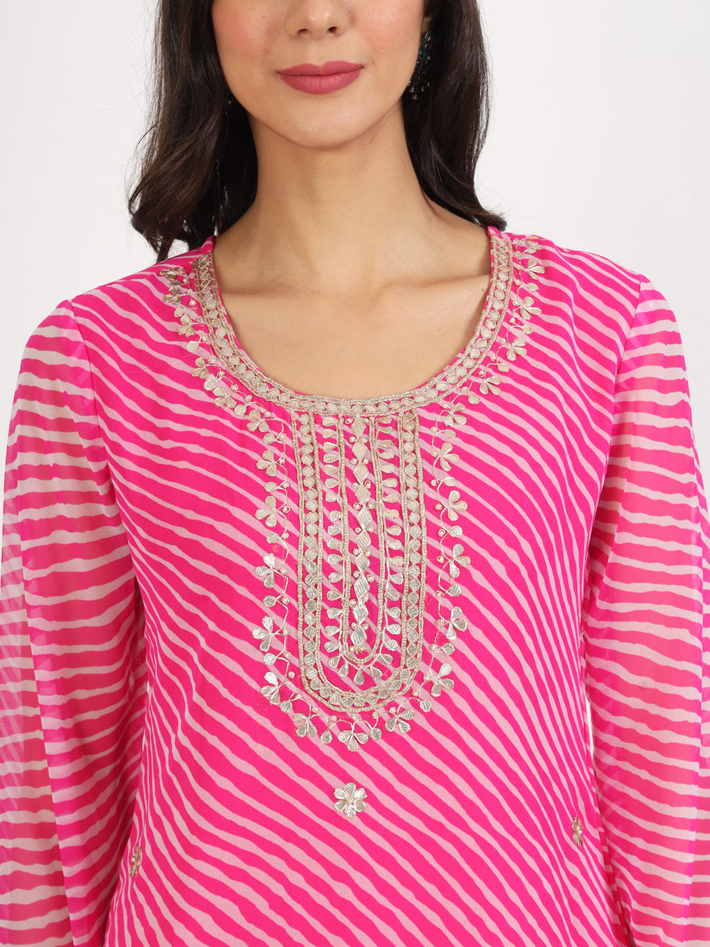 Noe Velarro Pink Leheriya Gotta Patti Work Geogratte Round Neck Top