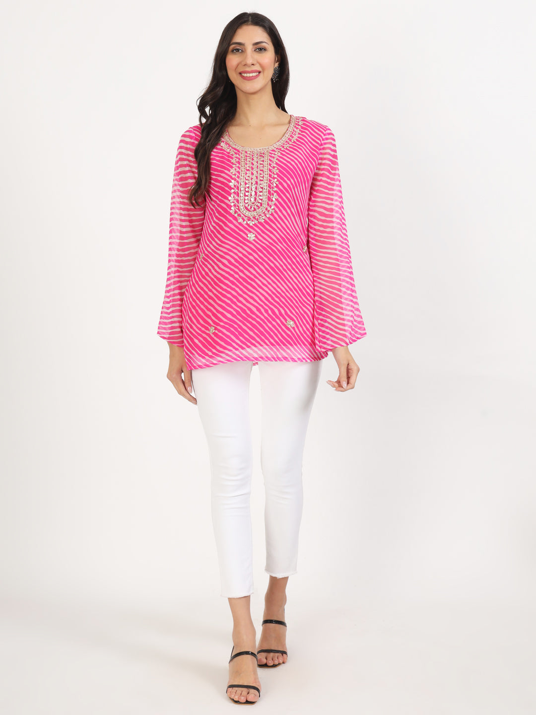 Noe Velarro Pink Leheriya Gotta Patti Work Geogratte Round Neck Top