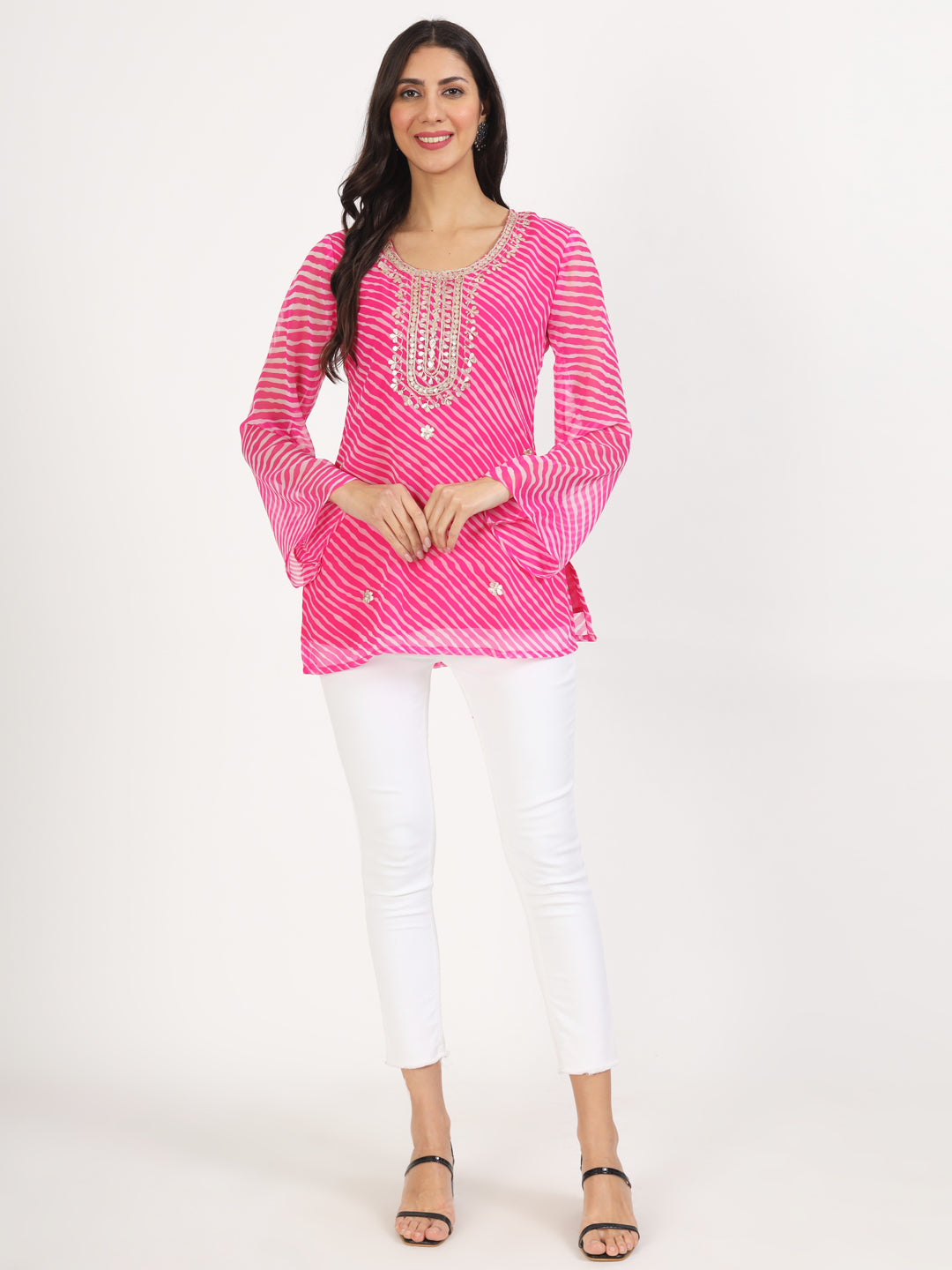 Noe Velarro Pink Leheriya Gotta Patti Work Geogratte Round Neck Top