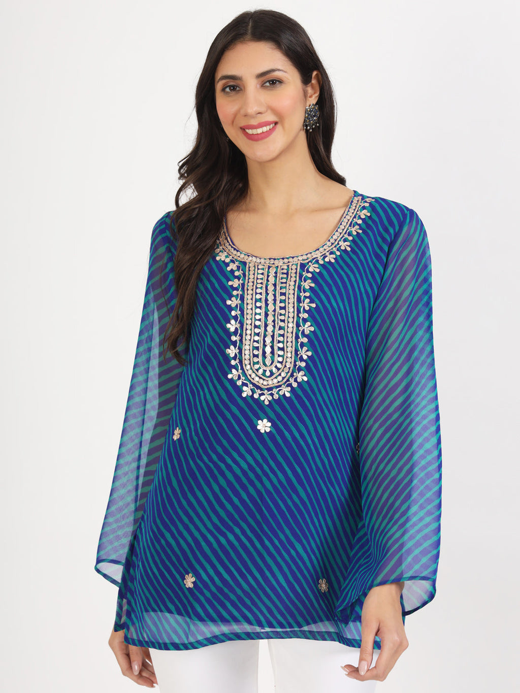Noe Velarro Blue Leheriya Gotta Patti Work Geogratte Round Neck Top