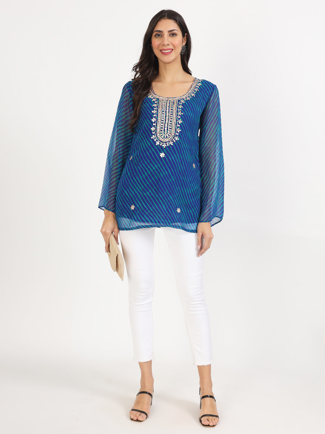 Noe Velarro Blue Leheriya Gotta Patti Work Geogratte Round Neck Top