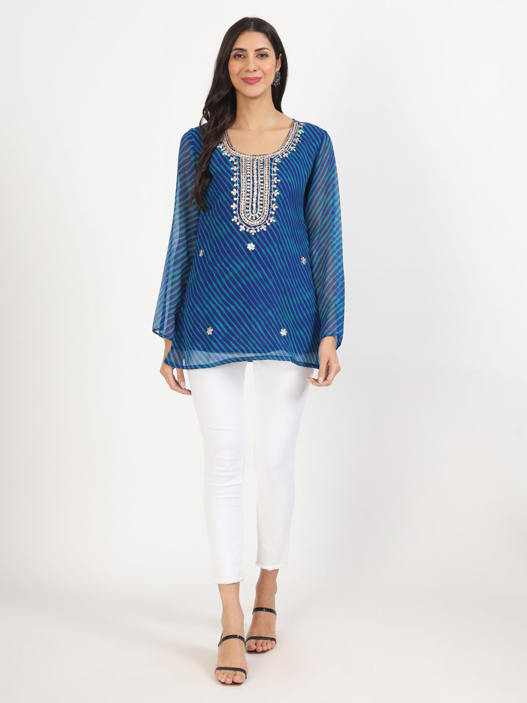 Noe Velarro Blue Leheriya Gotta Patti Work Geogratte Round Neck Top