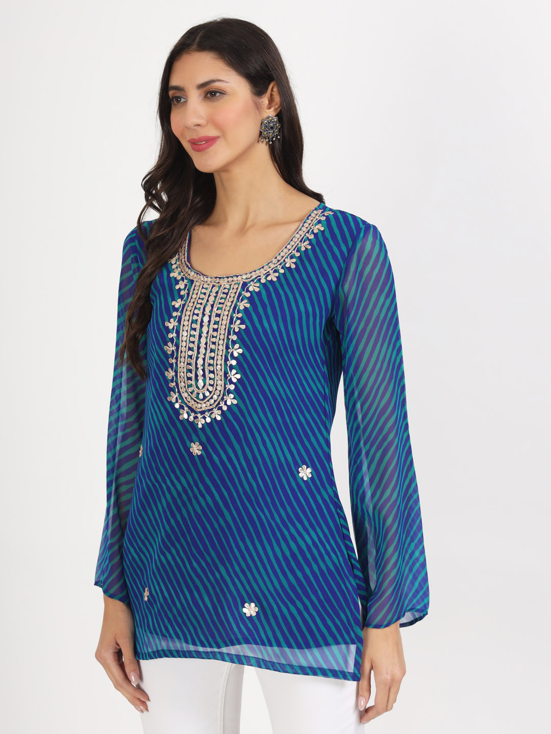 Noe Velarro Blue Leheriya Gotta Patti Work Geogratte Round Neck Top