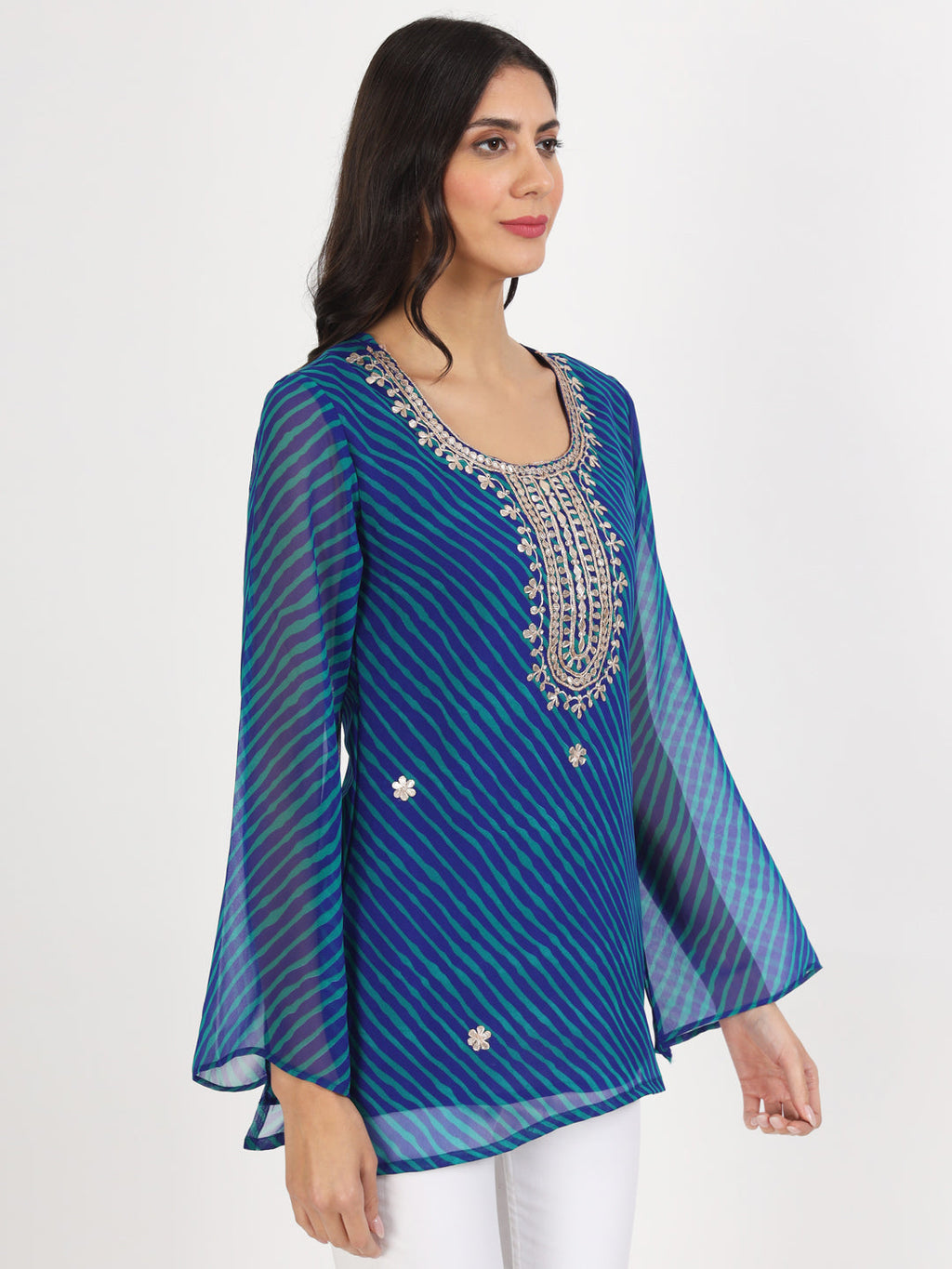 Noe Velarro Blue Leheriya Gotta Patti Work Geogratte Round Neck Top